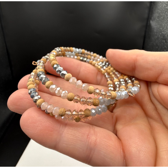 Glass Bead Bracelet 27" Wire Wrap Tan Gray Gunmetal Faceted Rondels Boho Bangle - Picture 4 of 6